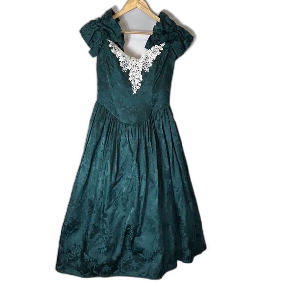 VTG 80s Jessica McClintock Green Brocade Lace Neck Formal Midi Dress Size 13/14 - Picture 3 of 14